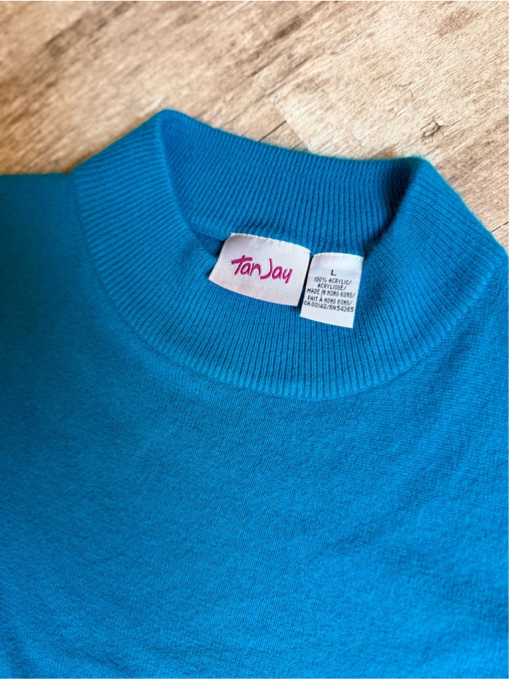 Vintage TanJay Short Sleeve Knit Sweater Blue Mock Neck Womens Large Retro - Picture 3 of 3